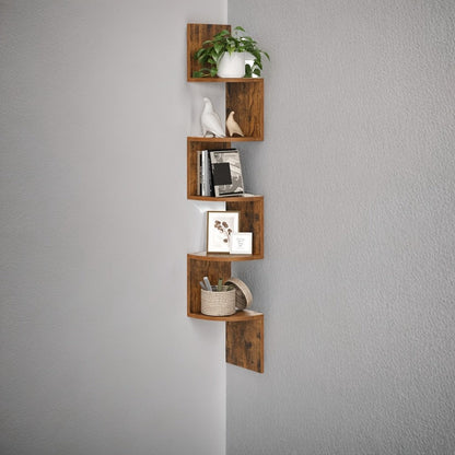 Corner Floating Shelf 5-Tier Wall Mount, Space Saving Storage Rack for Bedroom Living Room, Radial Display Organizer, Easy Install, 7.9"×7.9"×49.6", Black White Brown Greige Beige