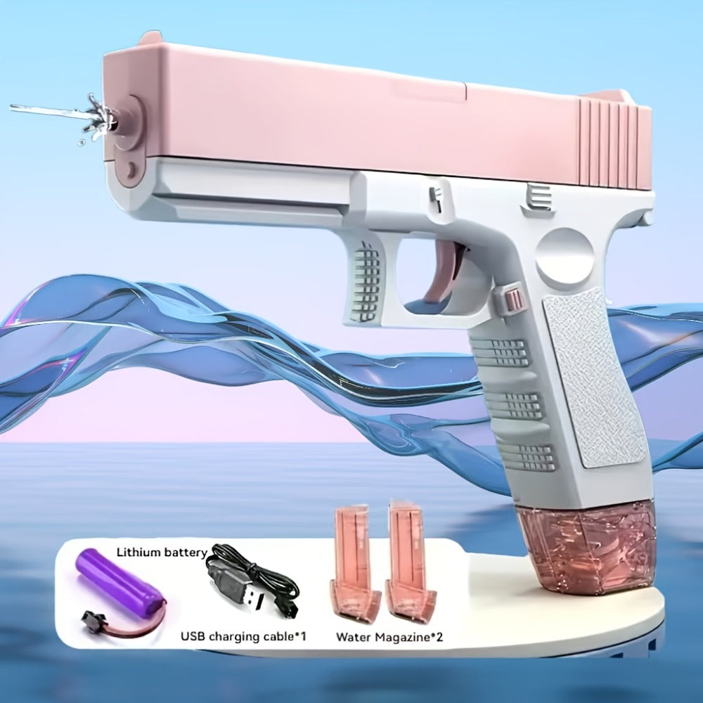 Rechargeable Dual-Magazine Electric Water Blaster with Two Swappable Tanks and Pink Finish