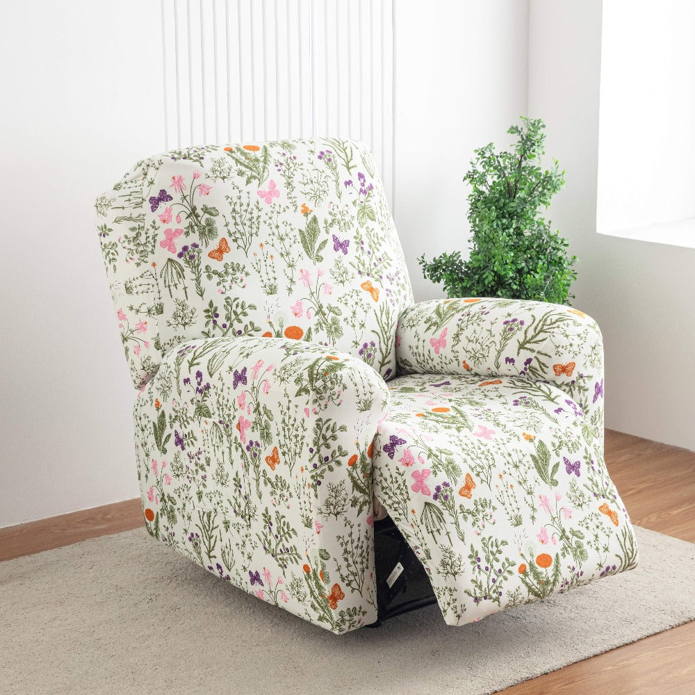 Chair Cover Four-Piece Printed Recliner Slipcover with Side Pockets in Ten Available Pattern Choices