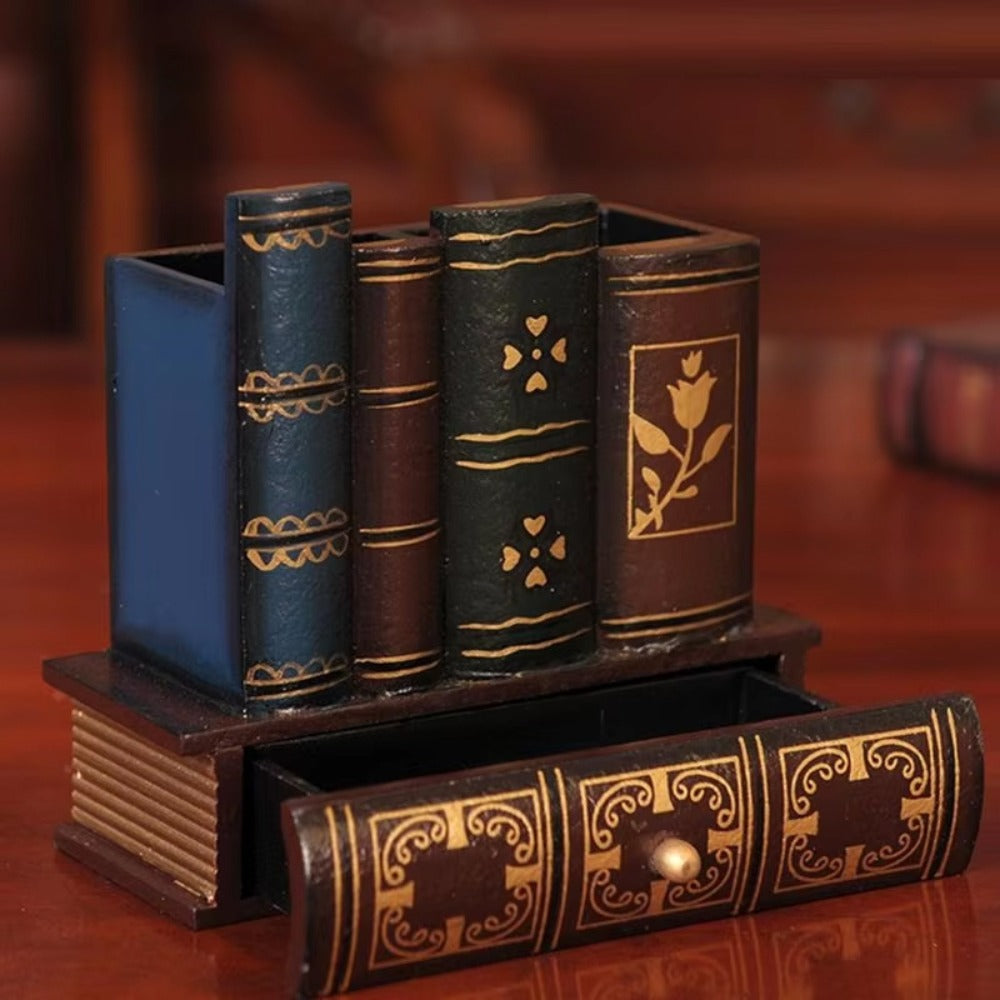 Wooden Pen Holder with Drawer Book-Shaped Desk Organizer, Vintage Retro Wood Desktop Storage Box with Hidden Drawer for Pens Pencils Remote Control, Decorative Office Home Study Room Gift