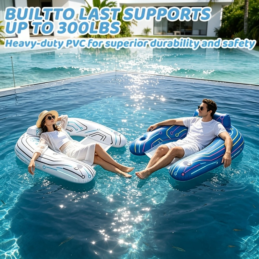 Pool Float U-Shaped Chair Two-Pack with Mesh Center, Headrest, Built-In Cup Holder and Graphic Trim