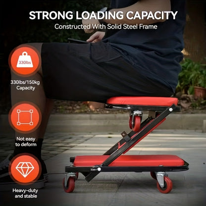 Rolling Mechanic Creeper Stool 300 lb – Foldable Z-Shape 3-in-1 Crawler Seat & Sliding Work Stool with 6 Swivel Casters, Thick Padded Cushion, for Car Truck Motorcycle Repair (Red / Grey)