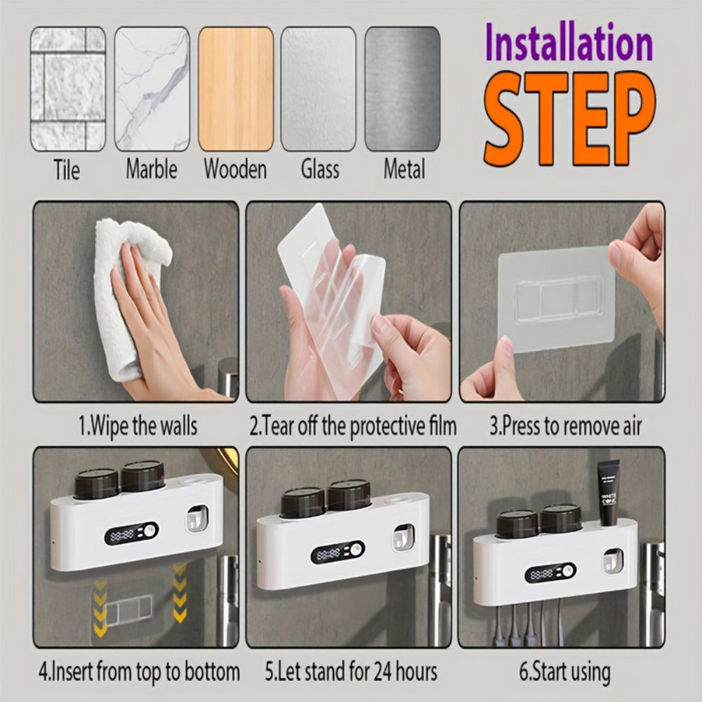 Five-Slot Wall-Mounted Toothbrush Holder with Two Cups, Toothpaste Dispenser and Digital Display