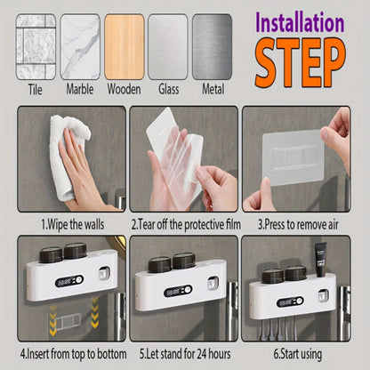 Five-Slot Wall-Mounted Toothbrush Holder with Two Cups, Toothpaste Dispenser and Digital Display