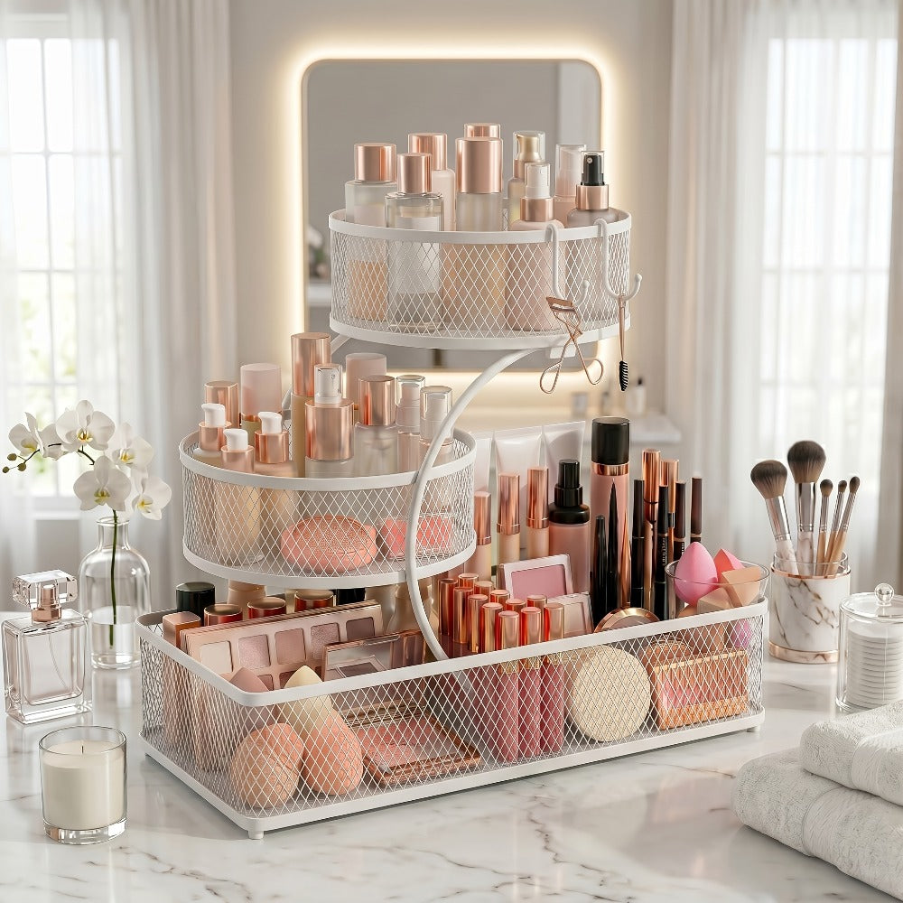 Bathroom Storage Rack 3-Tier Metal Countertop Organizer with Spray Bottle & Hooks – Rust-Resistant Diamond Mesh Shelf for Vanity, Skincare, Cosmetics & Toiletries