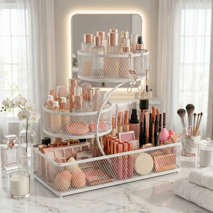 Bathroom Storage Rack 3-Tier Metal Countertop Organizer with Spray Bottle & Hooks – Rust-Resistant Diamond Mesh Shelf for Vanity, Skincare, Cosmetics & Toiletries