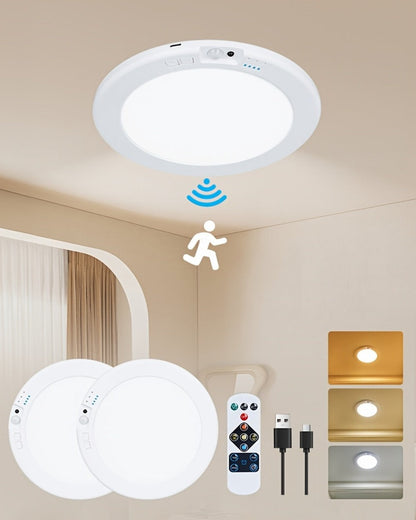 Wireless LED Ceiling Light with Motion Sensor 2 Pack - 5500mAh Rechargeable, Remote Control, 3 Brightness Modes, Magnetic Mount, No Wiring for Living Room, Kitchen, Bathroom, Hallway & Corridor