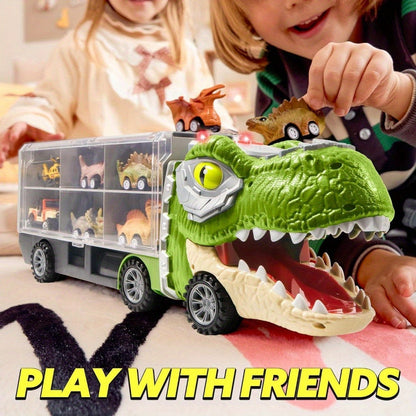 Dinosaur Truck Toy Set 13 PCS – Transport Carrier Truck with Lights & Sounds + 8 Pull-Back Cars + 3 Die-Cast Dino Vehicles + Helicopter | Friction Powered Dinosaur Toy for Boys Ages 3+ | Best Birthday Christmas Gift