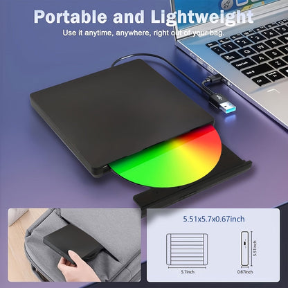 7-in-1 External DVD Drive USB 3.0 with 4 USB Ports & Dual TF/SD Card Reader - High-Speed CD/DVD Burner for Laptop Mac PC, Compatible with Windows 11/10/8/7, Linux, Plug and Play, Office Travel