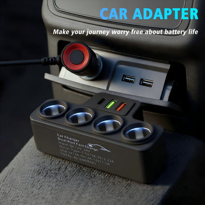 Car Power Splitter with Four 12V Sockets, USB-C, Dual USB-A and 72cm Cord for 12V/24V Vehicles
