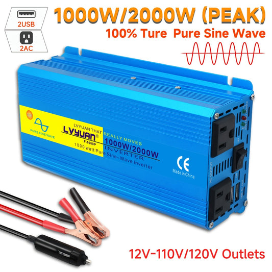 1000W Power Inverter Pure Sine Wave 2000W Peak DC 12V 24V to AC 110V US Socket Portable Car Truck Marine RV Vehicle Adapter Transformer No Battery Required