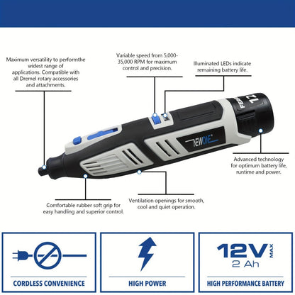 Cordless Rotary Tool Kit 12V with 48pcs Accessories, 6 Variable Speeds, 2.0Ah Rechargeable Battery for Sanding Polishing Carving Cutting Drilling Engraving Crafts DIY Projects