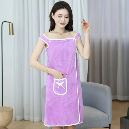 Wearable Bath Towel Wrap with Bow Detail, Shoulder Loops and Four Exact Light Purple or Pink Size Options