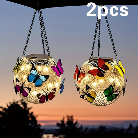Solar Outdoor Lights 2-Pack Metal Butterfly Hanging Lanterns in Warm White or Multicolor for Porch Decor