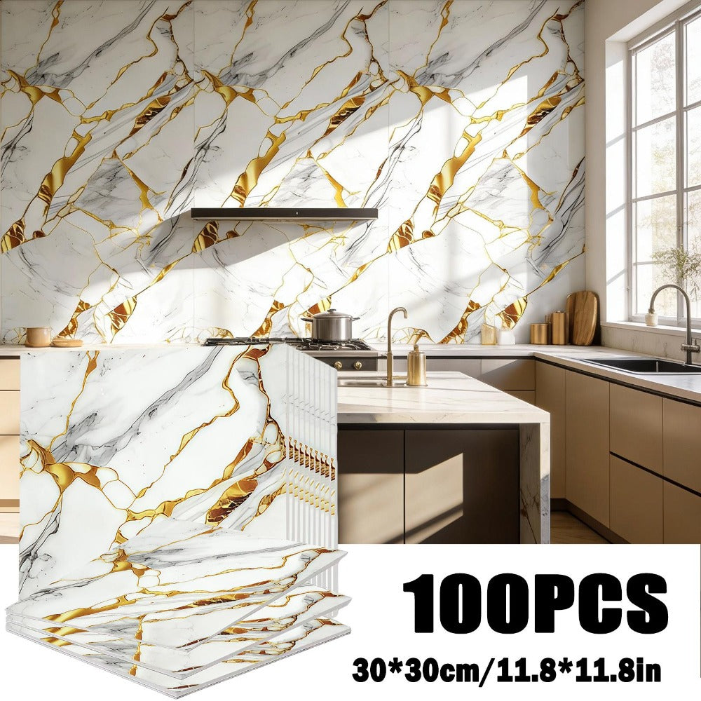 Marble Gold-Vein Wall Tile Sticker Set with 30 cm Panels, Four Colors and 50- or 100-Piece Packs