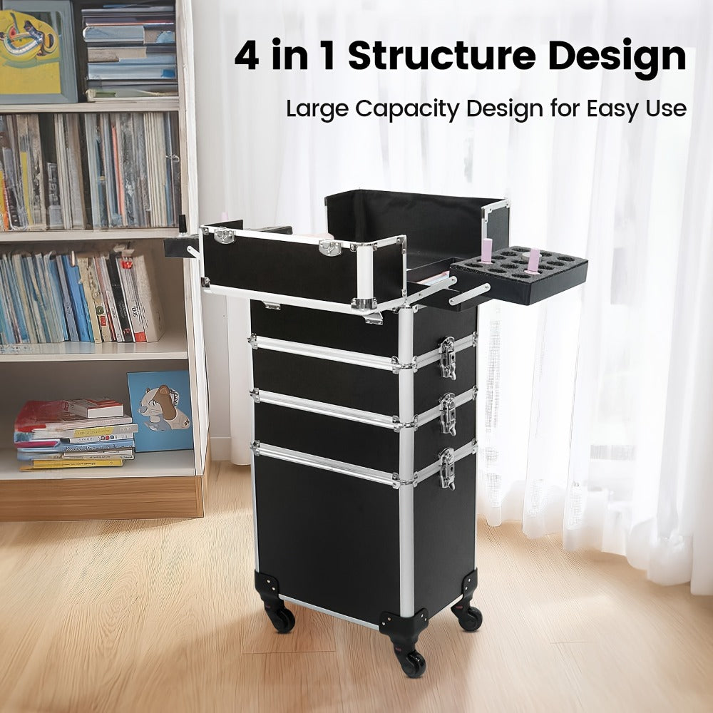 Black Four-Level Rolling Makeup Train Case with Telescoping Handle, Four Trays and Detachable Caster Wheels