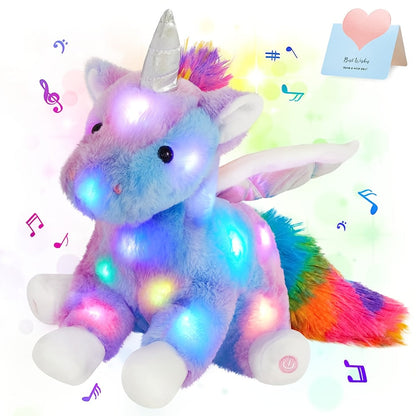 Plush Toy Rainbow Unicorn with LED Glow and Choice of Music or No-Music Light-Up choices for Bedtime