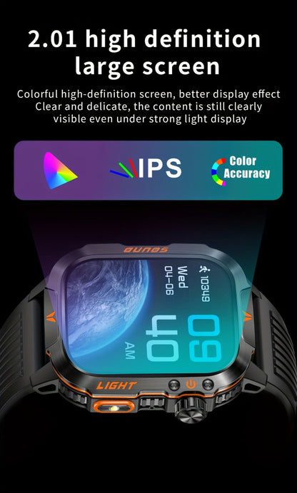 2.01" HD Compass Smartwatch for Men Women – Wireless Calling Outdoor Adventure Watch with LED Flashlight Fitness Tracker Pedometer Calorie Counter Long Battery Life Compatible with Android iPhone Couples Gift