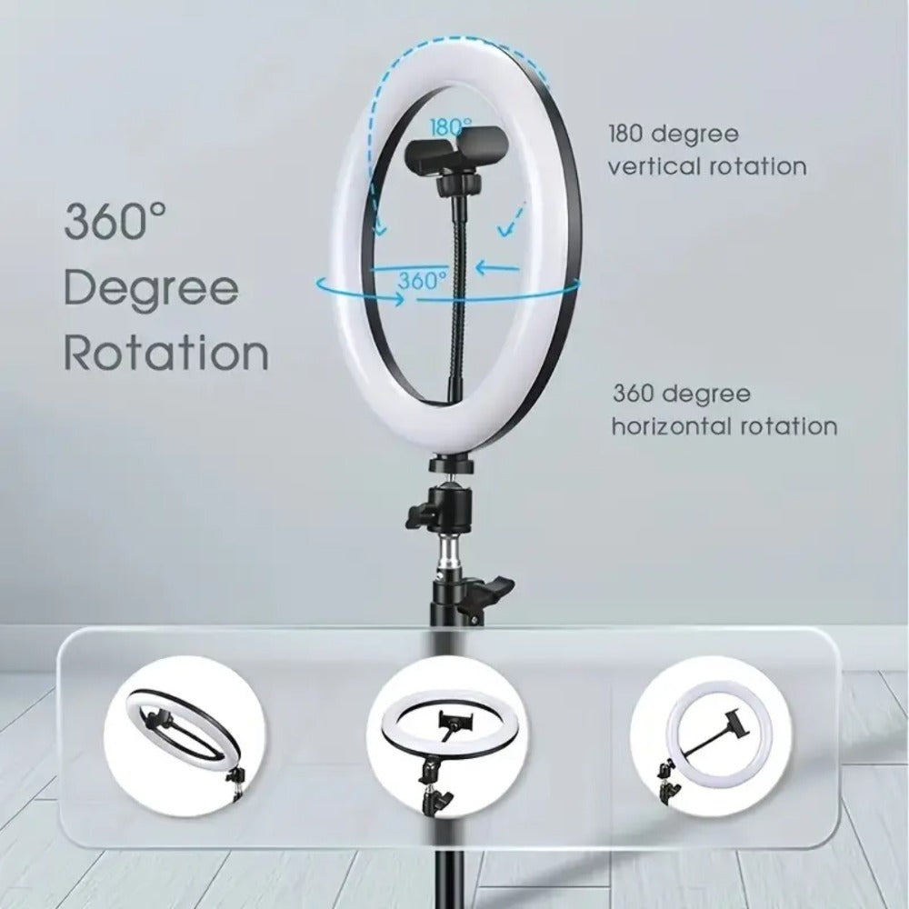 10- or 12-Inch USB Ring Light with Retractable Floor Tripod, Center Phone Holder and Lighting Options