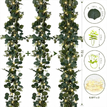 Lighted Eucalyptus Wreath Garland 6FT LED 2 Pack - Artificial Green Vine with Lights for Wedding Centerpiece