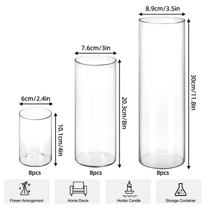 Clear Glass Cylinder Vases 24pcs Bulk Set - 4, 8, 12 Inch Tall Flower Vases for Centerpieces, Hurricane Floating Candle Holder for Wedding Party Table Home Decor, Valentine's Day Gift