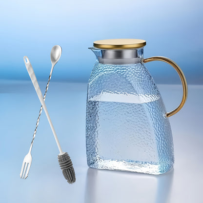 1.8-Liter Textured Glass Fridge Jug Set with Lid, Long Spoon and Cleaning Brush for Cold Drinks
