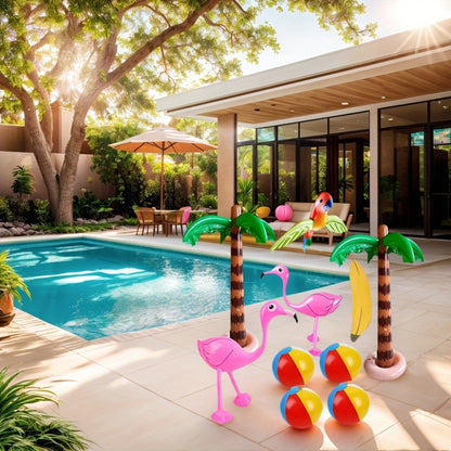 Hawaiian Luau Inflatable Decoration Set with Two Palm Trees, Two Flamingos, Four Beach Balls, Parrot and Banana