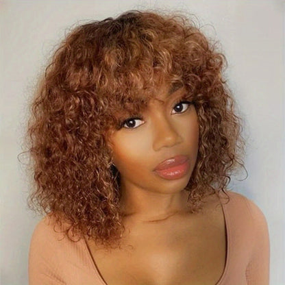 12-Inch Water Wave Bob Human Hair Wig with Bangs, 150% Density and TT1B/33 or P1B/30 Color