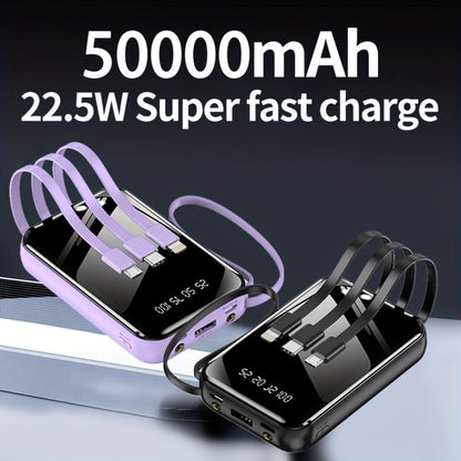 Power Bank 50000mAh 22.5W with Four Built-In Cables, Digital Display and LED Flashlight in Black or Purple