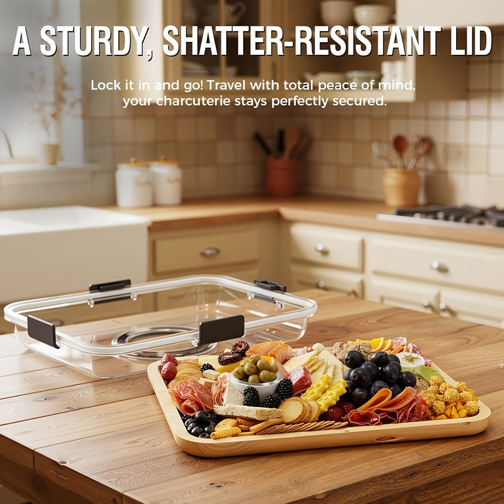 Five-Compartment Rectangular Charcuterie Tray with Clear Locking Lid, Black Handles and 33 x 24.3 cm Size