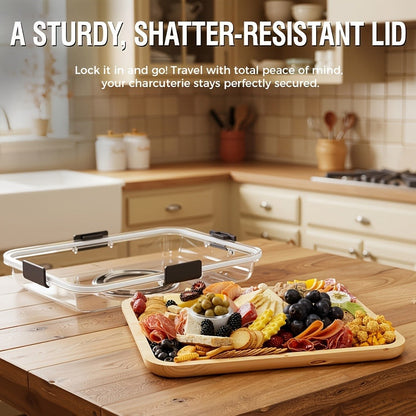 Five-Compartment Rectangular Charcuterie Tray with Clear Locking Lid, Black Handles and 33 x 24.3 cm Size