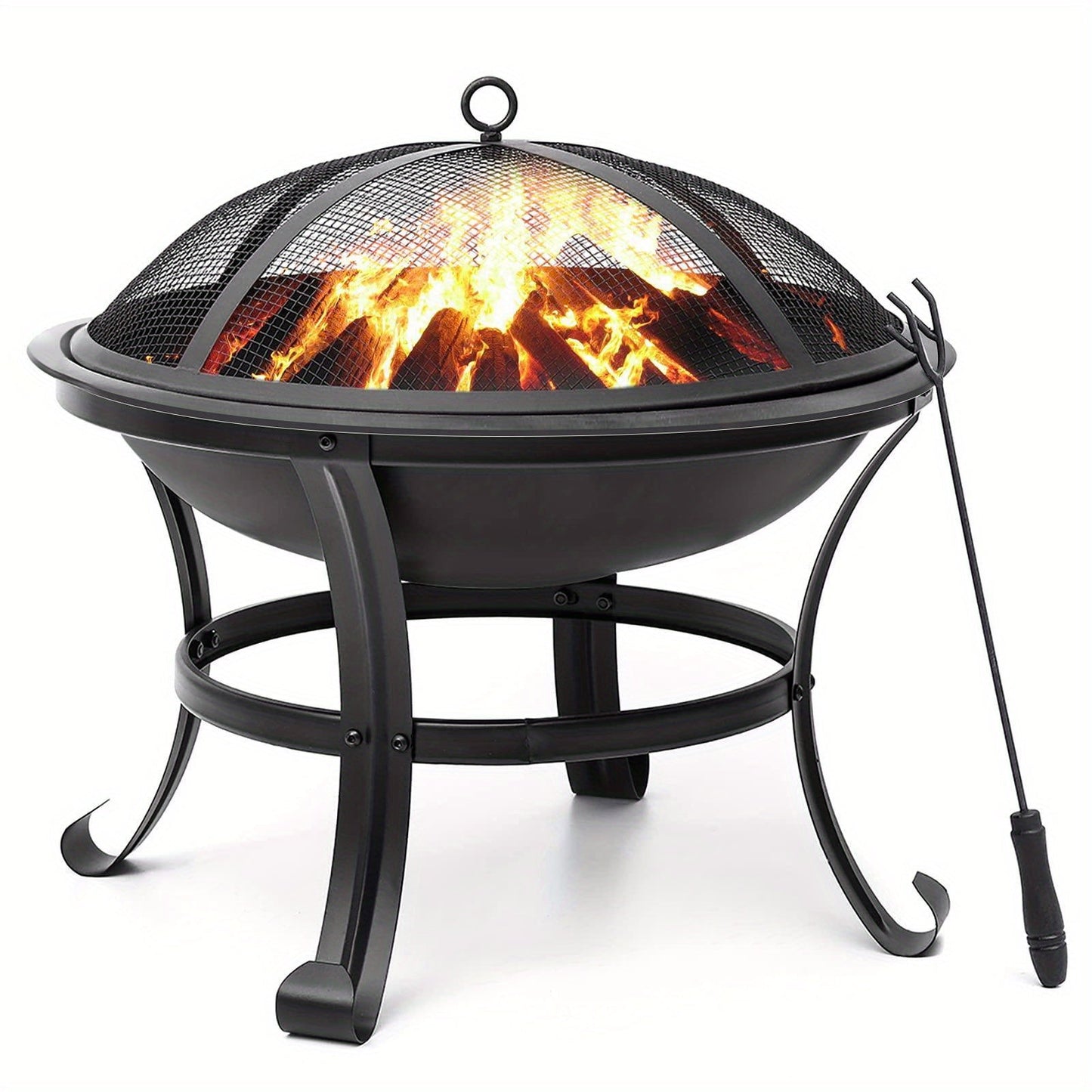 22-Inch Round Fire Pit with Domed Mesh Cover, Inner Log Grate, Four-Leg Stand and Long Poker