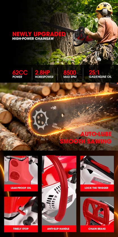 62CC Gas Chainsaw with 20-Inch Guide Bar in Five Red and Orange Checkout Configuration Options