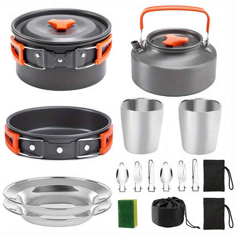 Camping Cookware Set, Aluminum Pot, Frying Pan and Kettle Kit with Folding Handles, Cutlery and Carry Bag