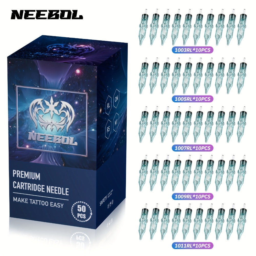 Tattoo Cartridge Needles with Neebol Label, 20-Piece #12 RL RM Mix or 50-Piece #12 RL Pack