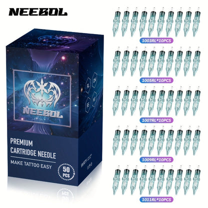 Tattoo Cartridge Needles with Neebol Label, 20-Piece #12 RL RM Mix or 50-Piece #12 RL Pack