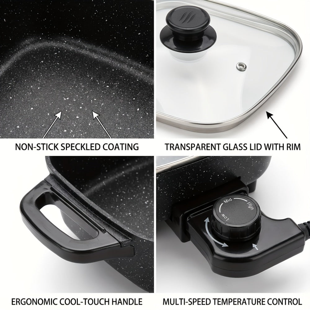 Electric Mini Square Hot Pot 8-Inch Non-Stick Speckled Coating Glass Lid Cool-Touch Handle for Home Cooking, Dining and Outdoor Meals