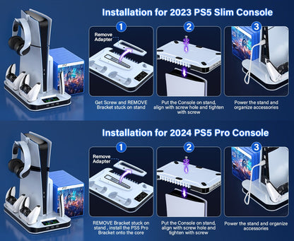 Black Console Cooling Stand Compatible with PS5, Slim and Pro Models, Three Fan Speeds and Dual Controller Dock