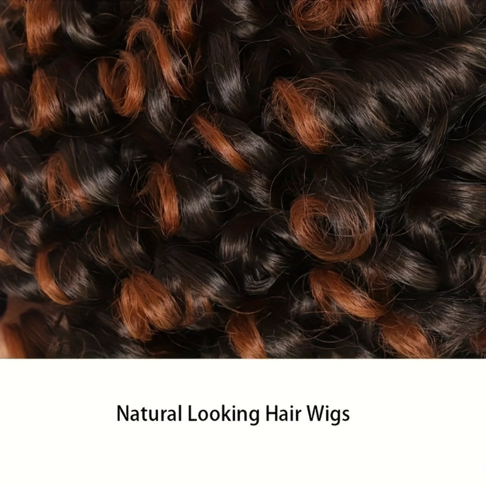 Kinky Curly Afro Wig with Bangs 14 Inch Synthetic Ombre 2 Tone Black Brown Golden Natural Volume | Daily Wear Hair Replacement Wig for Black Women