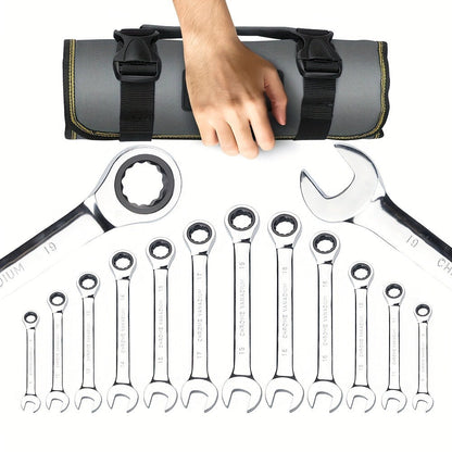 Twenty-Two-Piece SAE and Metric Combination Ratcheting Wrench Set with Storage Bag for Workshop Use