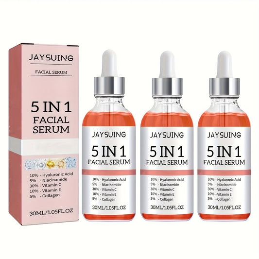 Facial Serum 5-in-1 with Hyaluronic Acid & Vitamin C – 3 Pack 30ml, Hydrating Anti-Aging Skin Care Serum for All Skin Types, Alcohol-Free, Non-Irritating, Unisex