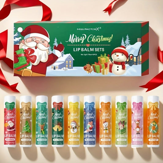 Moisturizing Lip Balm Set 10-Pack with Vitamin E — MISS FACTORX Natural Look Lipstick Collection for Women, Hydrating & Nourishing, All Skin Types, Christmas Holiday & Valentine's Day Gift