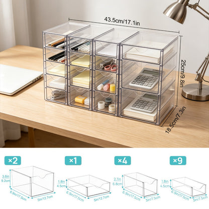 Clear Acrylic Drawer Organizer with 8 or 16 Drawers - Stackable Desktop Storage for Makeup, Jewelry, Office Supplies & Art Crafts, Modular Desk Organizer Set for Home & Office