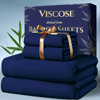 Viscose-from-Bamboo Four-Piece Sheet Set with Deep-Pocket Fitted Sheet, Twin to King Sizes and 12 Colors