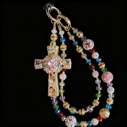 Colorful Crystal Cross Phone Chain Keychain with Rhinestone Beads and Gold-Tone Clasp for Bags or Phones