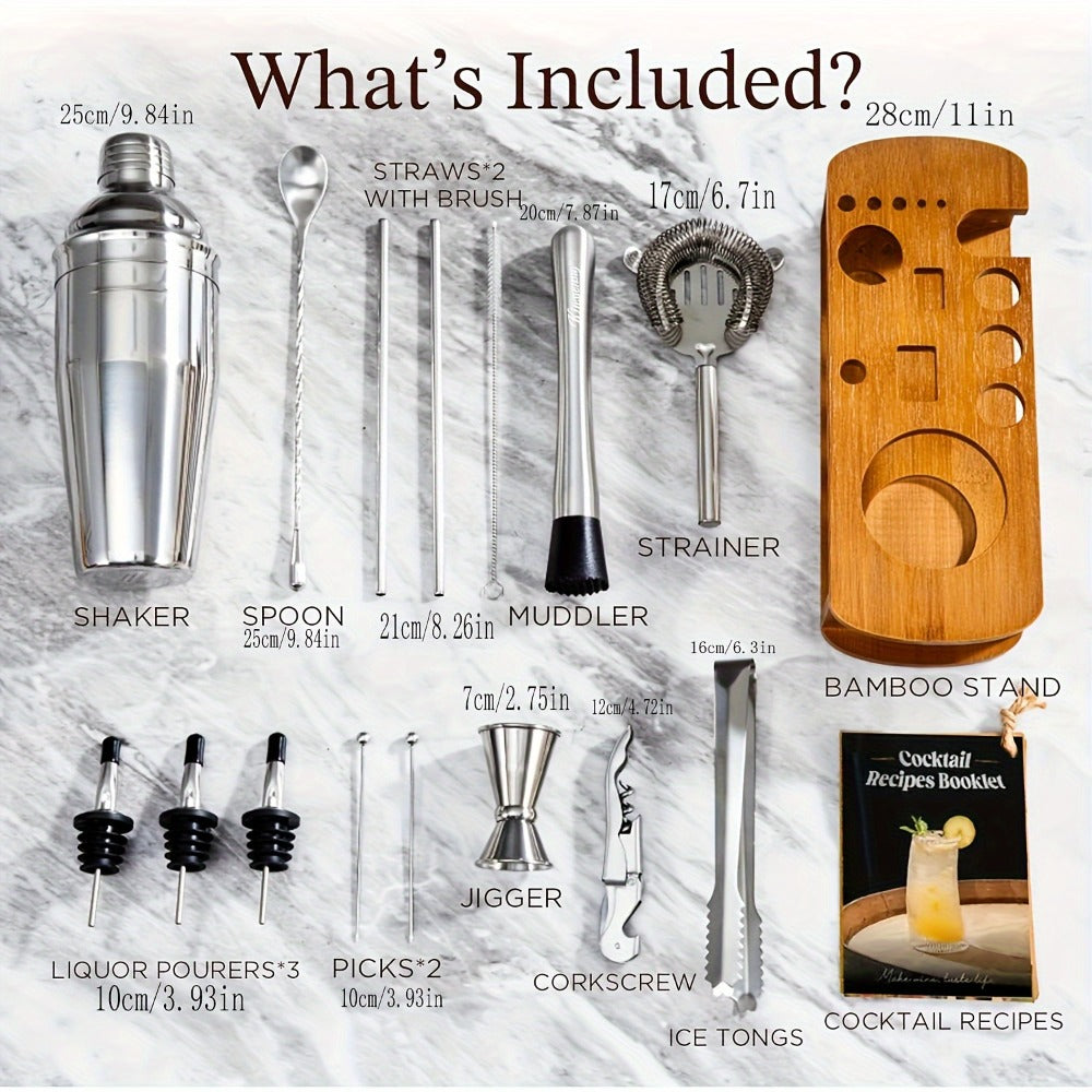 Cocktail Shaker Tool Set with Bamboo-Look Organizer, Jigger, Strainer, Muddler and Pouring Accessories