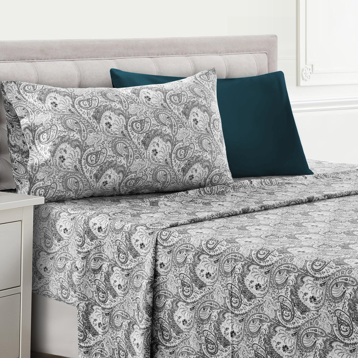 Bed Sheet Set Paisley Brushed Polyester in 4- or 6-Piece Sizing with 16-Inch Pocket and Wash Instructions
