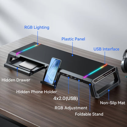 ICE COOREL Monitor Stand Foldable Height Adjustable with Storage Drawer, RGB Lighting & 4 USB Ports, Desk Organizer Riser for Desktop Laptop Tablet Smartphone, Home Office Gaming Setup