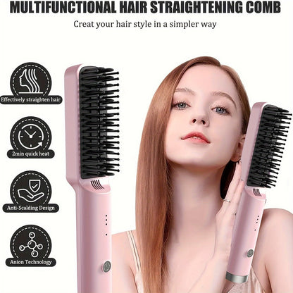 Mini Hair Straightener Comb Ceramic Heating Plate 3 Temperature Settings Fast Heating LED Display Travel Hair Straightening Brush for Women Home Salon Gift