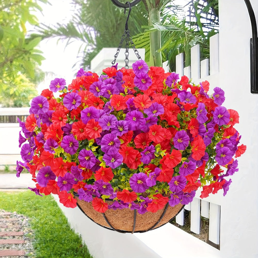 Artificial Flowers Hanging Petunia Arrangement with Included Planter Container and Six Color Options